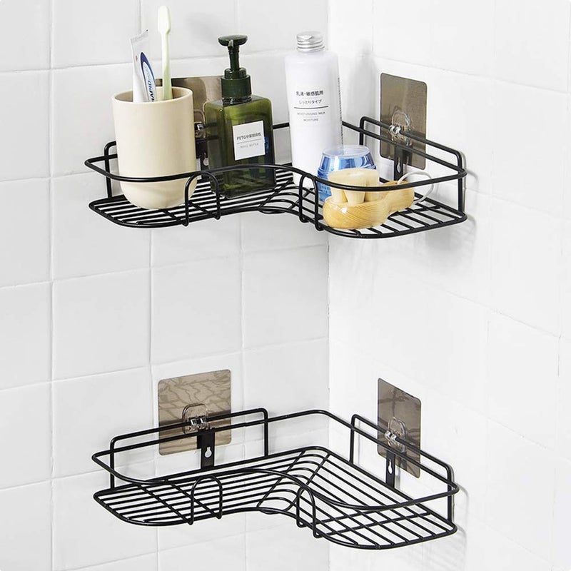 TRENDBIT Multipurpose Self Adhesive WallMounted Corner Storage Rack Bathroom Organizer Kitchen Basket Cosmetic Hanging Shower Caddy Stainless Steel Wall Shelf Number of Shelves 1 Black - Image 1