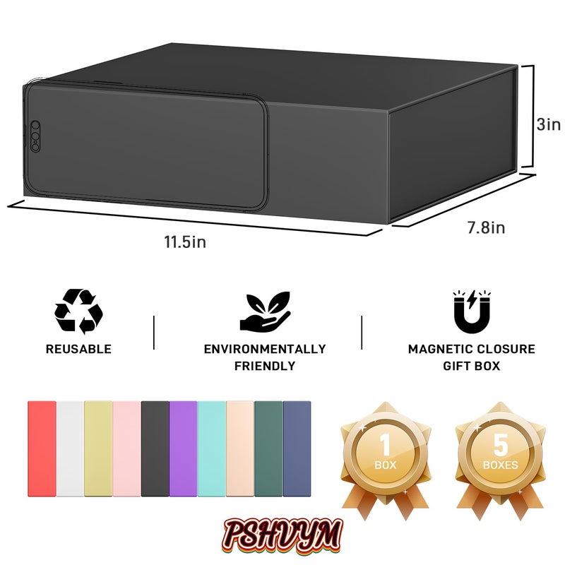 PSHVYM Gift Boxes with Lids, 11.5x7.8x3 In Black Gift Box for Presents Magnetic Closure for T-Shirts, Gloves, Scarves, Books, Baby Clothes, Robes Clothing Gift Wrap, Contains Card, Ribbon - Image 2