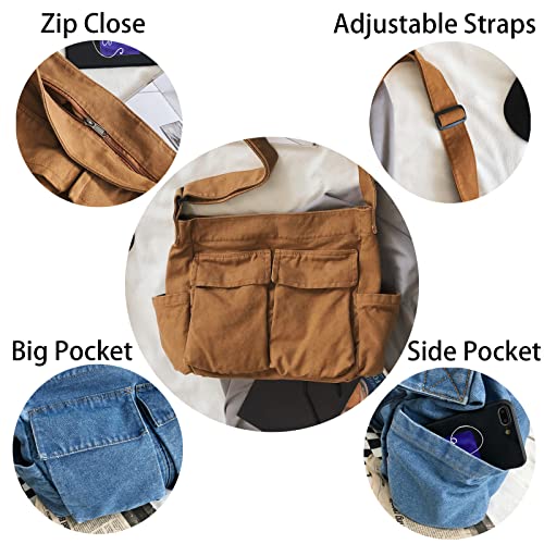 KlaOYer Canvas Messenger Bag Large Hobo Bag Crossbody Shoulder Bag Tote Bag with Pocket for Women and Men (Black) - Image 4