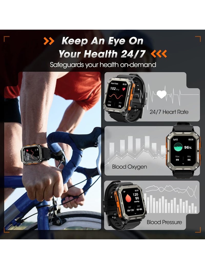 عربست ساعة ذكية عسكرية للرجال مع ضغط الدم (الرد/إجراء مكالمة)، ساعة ذكية تكتيكية متينة لأجهزة أندرويد وآيفون، مقاومة للماء حتى 10 أجهزة الصراف الآلي للرياضة الخارجية واللياقة البدنية مع معدل ضربات القلب - Image 2