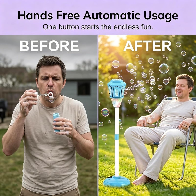 Automatic Bubble Machine: Pink Rechargeable Height-Adjustable Bubble Maker - Remote-Controlled With Soft Lights & Music Bubble Blower for Kids, Garden Parties, Indoor Outdoor Events - Image 5