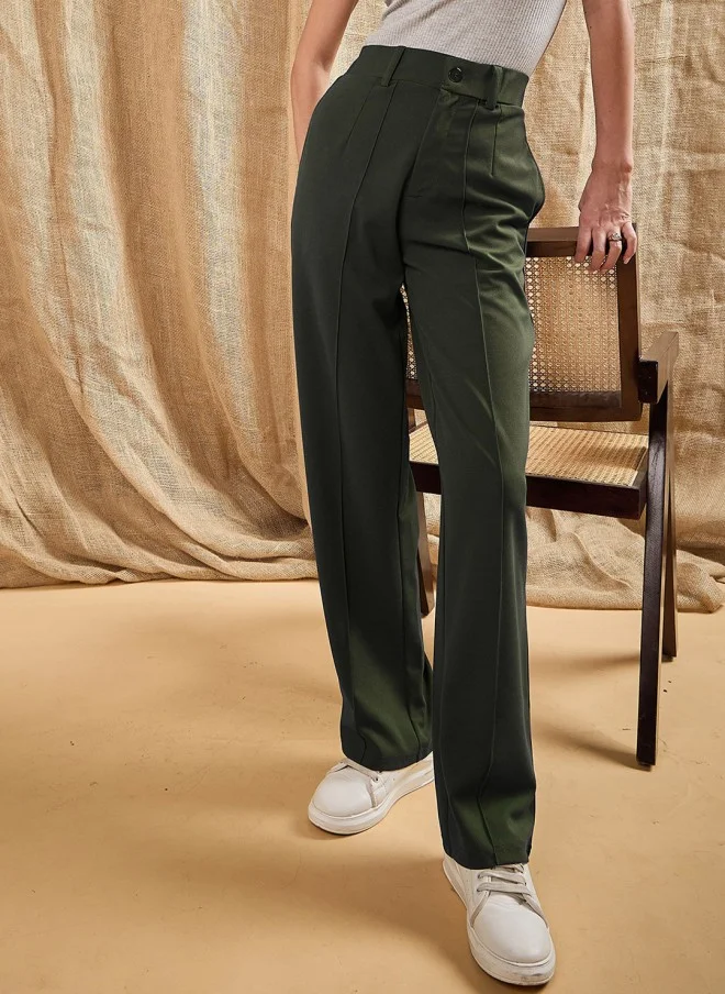 SASSAFRAS Olive Green High-Rise Pleated Trousers for Women