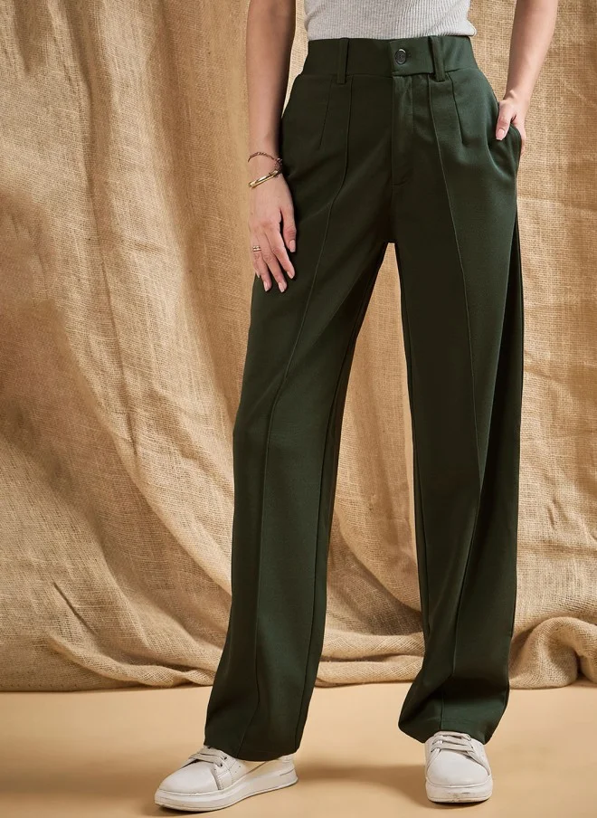SASSAFRAS Olive Green High-Rise Pleated Trousers for Women