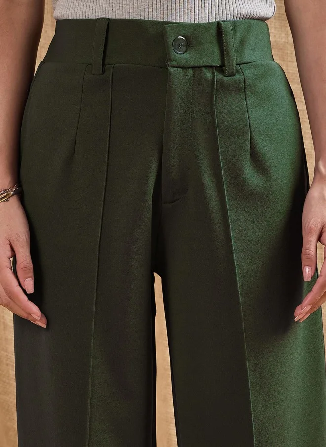 SASSAFRAS Olive Green High-Rise Pleated Trousers for Women