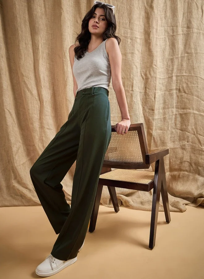 SASSAFRAS Olive Green High-Rise Pleated Trousers for Women