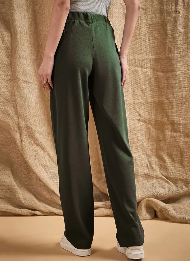 SASSAFRAS Olive Green High-Rise Pleated Trousers for Women