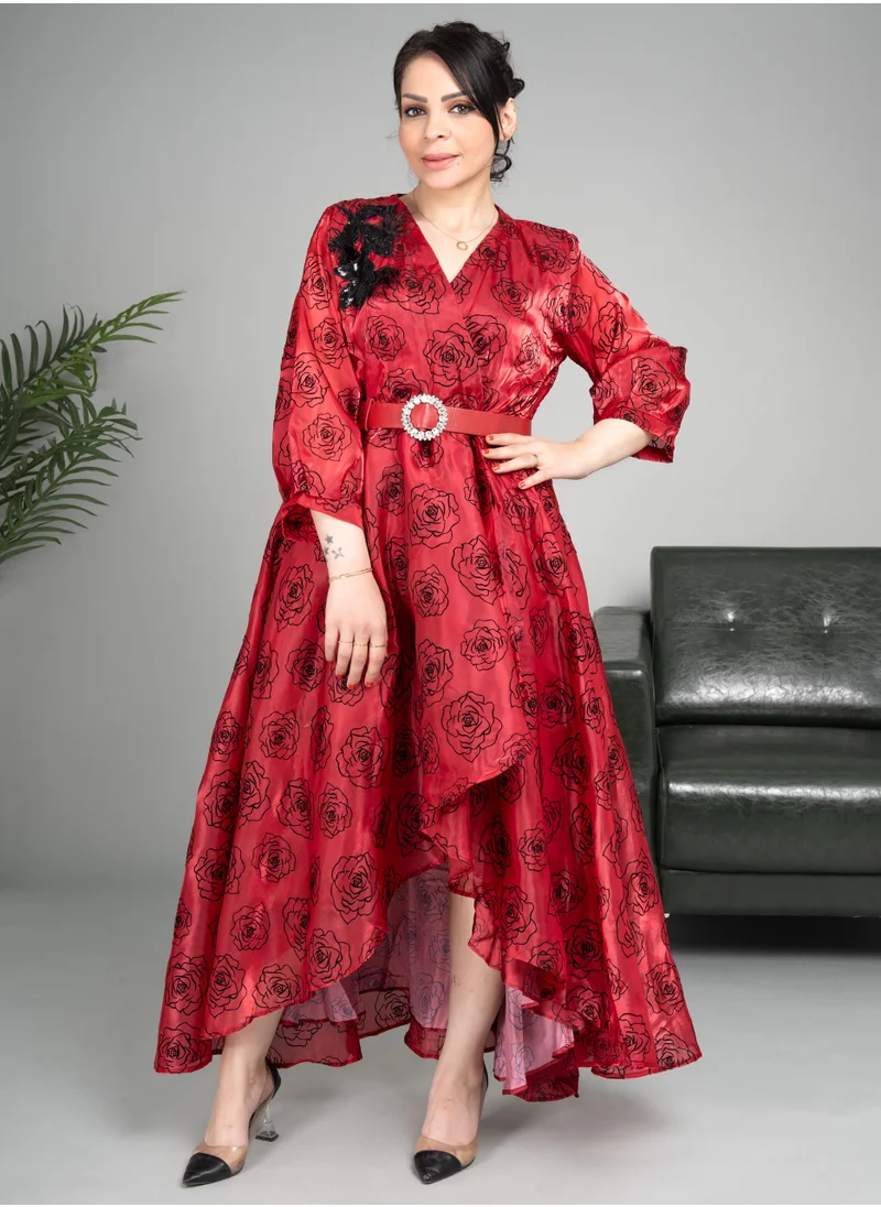 IKKXA Floral Red Flowing Dress