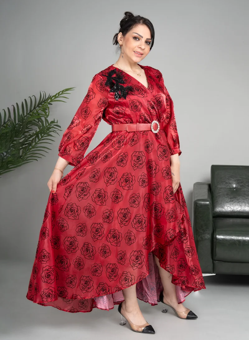 IKKXA Floral Red Flowing Dress