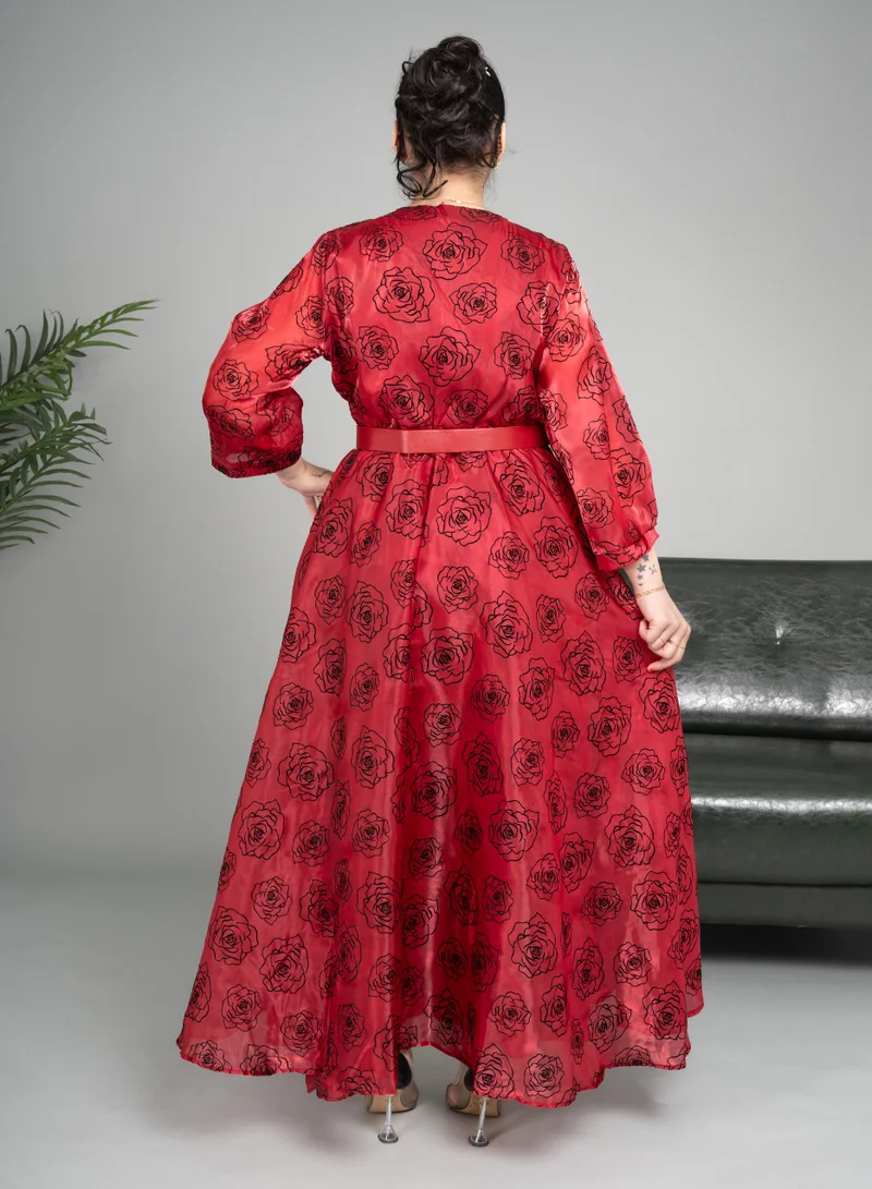 IKKXA Floral Red Flowing Dress
