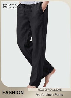 RIOXS Men's Cotton Linen Trousers, Solid Summer Beach Yoga Pants, Casual Elastic Waist Drawstring Trousers, Lightweight Pants With Two Side Pockets, Gift For Men Friend Father  - Image 1