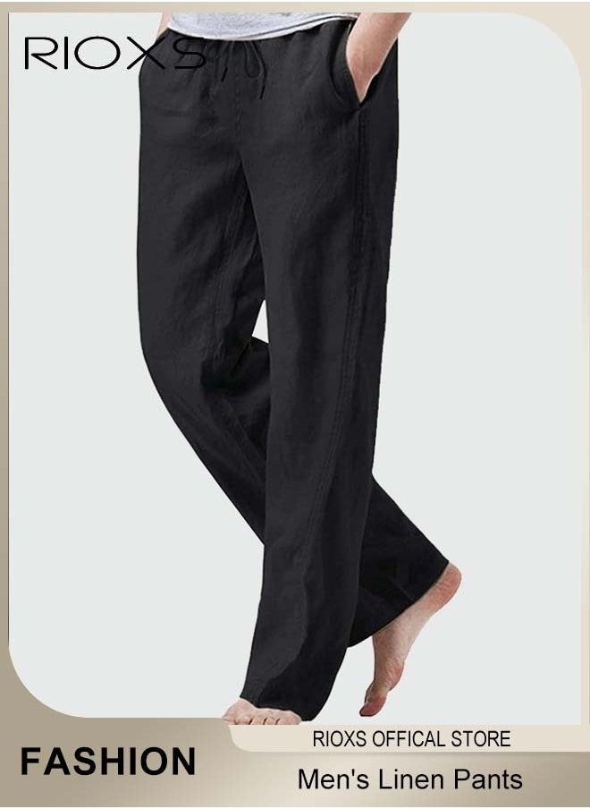 RIOXS - Men's Cotton Linen Trousers, Solid Summer Beach Yoga Pants, Casual Elastic Waist Drawstring Trousers, Lightweight Pants With Two Side Pockets, Gift For Men Friend Father - Image 1