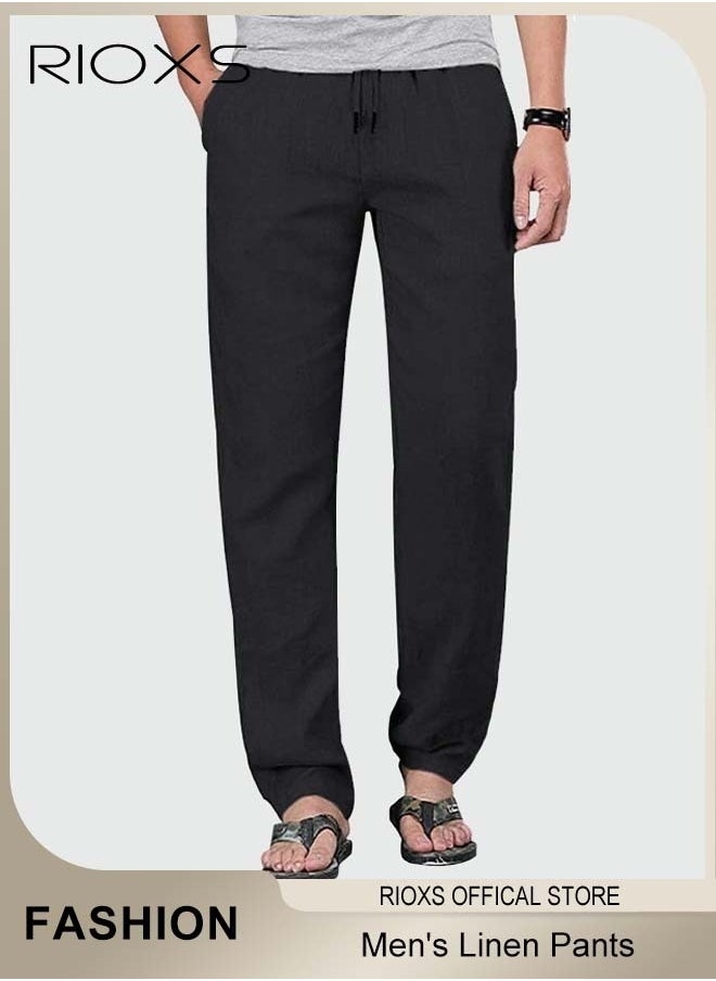 RIOXS - Men's Cotton Linen Trousers, Solid Summer Beach Yoga Pants, Casual Elastic Waist Drawstring Trousers, Lightweight Pants With Two Side Pockets, Gift For Men Friend Father - Image 1
