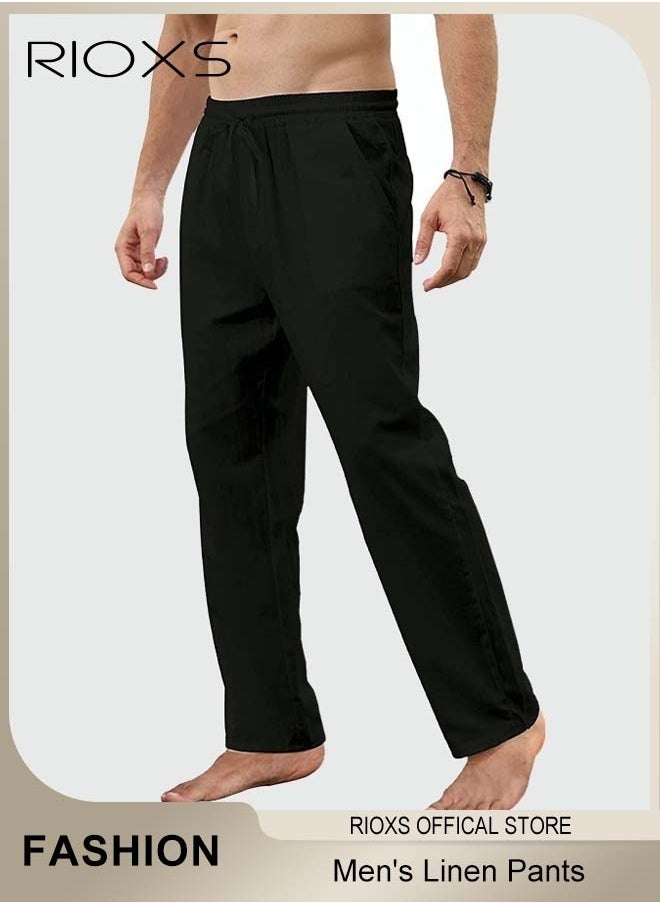 RIOXS - Men's Cotton Linen Trousers, Solid Summer Beach Yoga Pants, Casual Elastic Waist Drawstring Trousers, Lightweight Pants With Two Side Pockets, Gift For Men Friend Father - Image 1