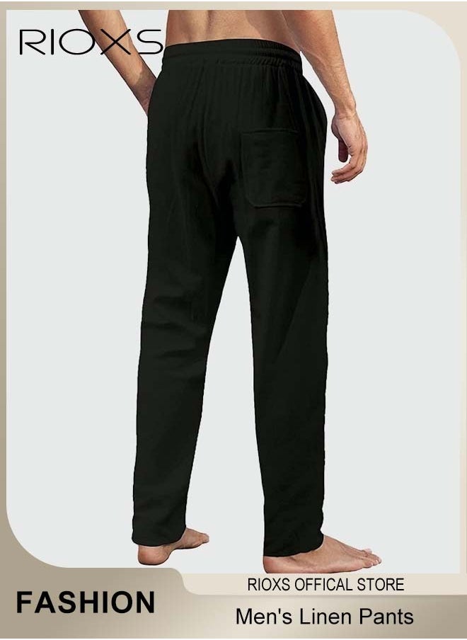 RIOXS - Men's Cotton Linen Trousers, Solid Summer Beach Yoga Pants, Casual Elastic Waist Drawstring Trousers, Lightweight Pants With Two Side Pockets, Gift For Men Friend Father - Image 1