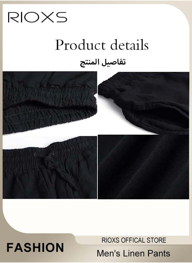 RIOXS - Men's Cotton Linen Trousers, Solid Summer Beach Yoga Pants, Casual Elastic Waist Drawstring Trousers, Lightweight Pants With Two Side Pockets, Gift For Men Friend Father - Image 1