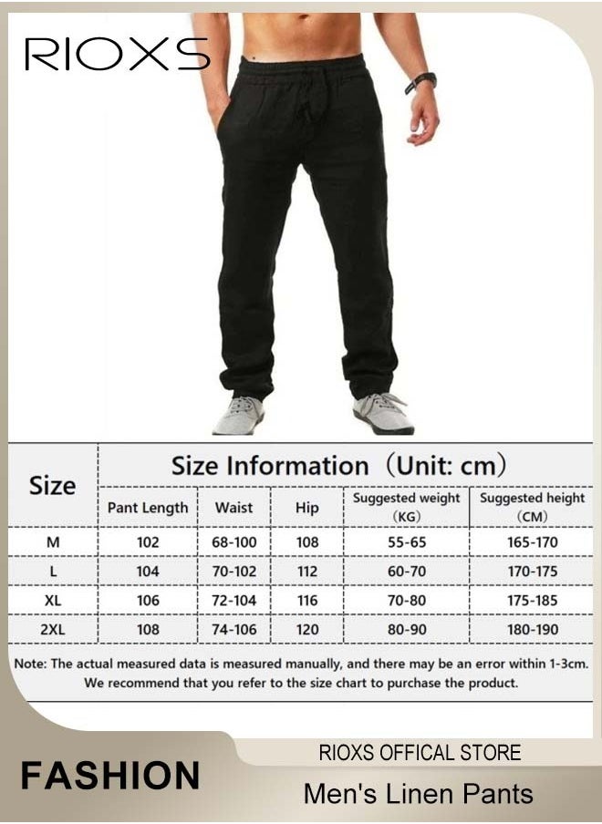 RIOXS - Men's Cotton Linen Trousers, Solid Summer Beach Yoga Pants, Casual Elastic Waist Drawstring Trousers, Lightweight Pants With Two Side Pockets, Gift For Men Friend Father - Image 1