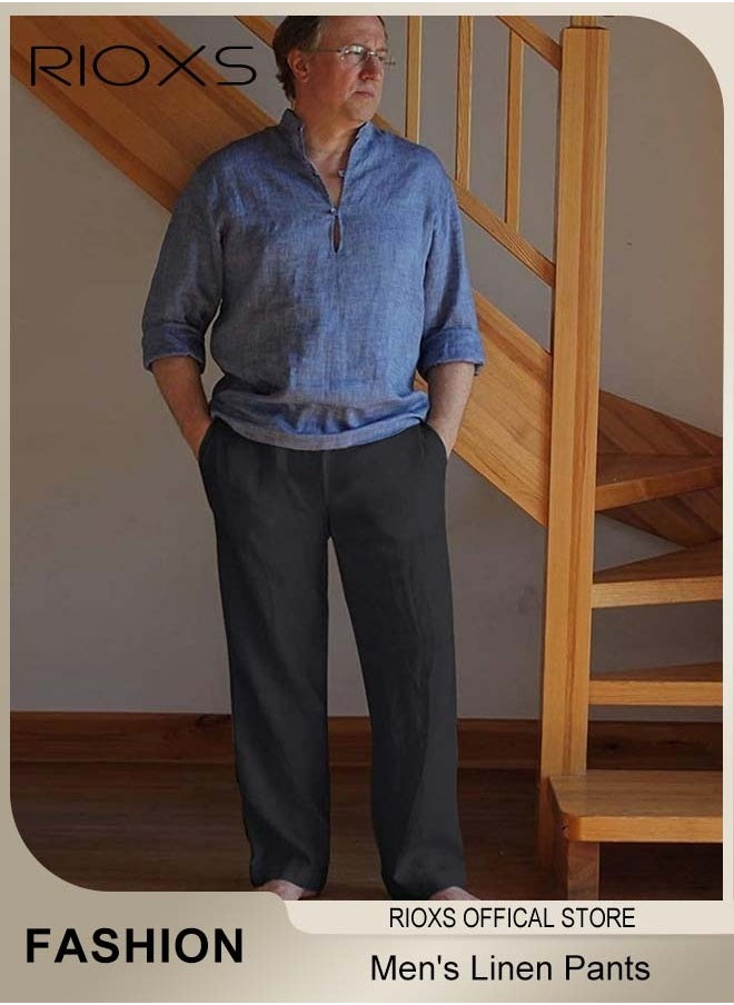 RIOXS - Men's Cotton Linen Trousers, Solid Summer Beach Yoga Pants, Casual Elastic Waist Drawstring Trousers, Lightweight Pants With Two Side Pockets, Gift For Men Friend Father - Image 1