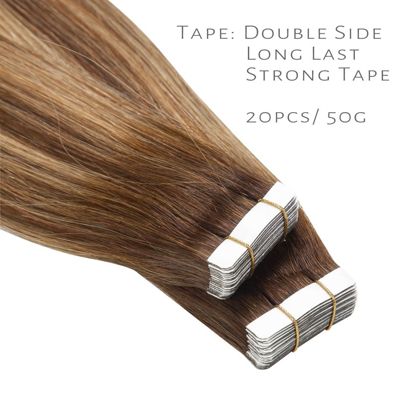 Lacer Tape in Hair Extensions Real Human Hair Seamless Rooted Chocolate Brown to Caramel Blonde Hair Extensions Tape in Real Hair Straight 12 Inch 20Pcs 30 Grams - Image 4