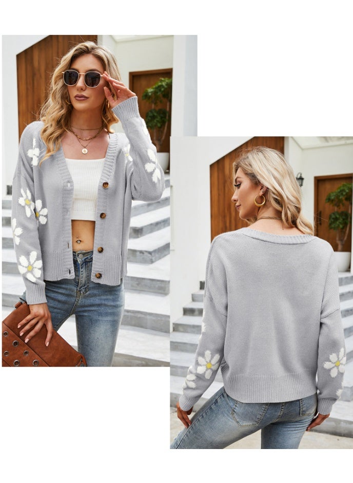 NIBEMINENT Women Loose Knit Cardigan V-neck Long Sleeve Button-down Flower Pattern Sweater Knitwear Spring Fall Casual Tops - Image 2