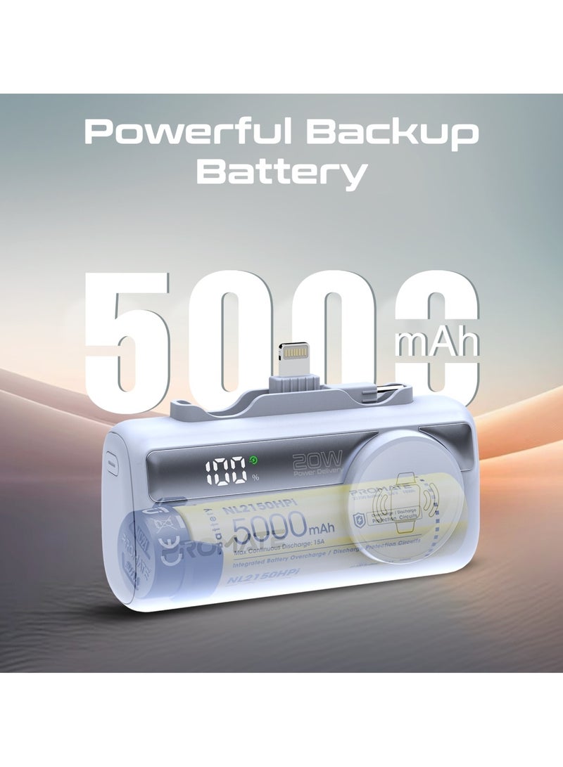 PROMATE 5000 mAh Promate 5000mAh Portable Power Bank with Built-In 20W USB-C In/Out Foldable Connector and 12W Lightning Foldable Connector, Apple Watch Charger, Fast USB-C Charging Port, Charge Protection, LED Display, PowerUp-Trio Blue - Image 2