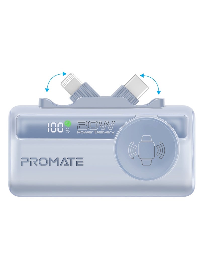 PROMATE 5000 mAh Promate 5000mAh Portable Power Bank with Built-In 20W USB-C In/Out Foldable Connector and 12W Lightning Foldable Connector, Apple Watch Charger, Fast USB-C Charging Port, Charge Protection, LED Display, PowerUp-Trio Blue - Image 1