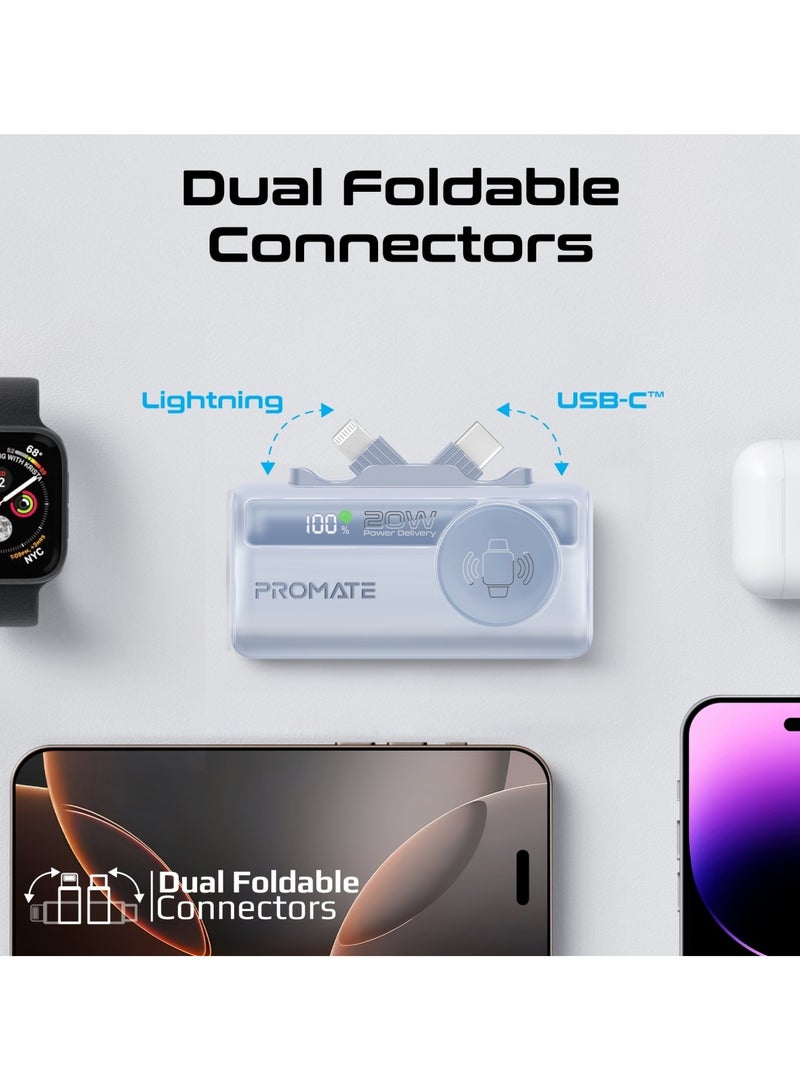 PROMATE 5000 mAh Promate 5000mAh Portable Power Bank with Built-In 20W USB-C In/Out Foldable Connector and 12W Lightning Foldable Connector, Apple Watch Charger, Fast USB-C Charging Port, Charge Protection, LED Display, PowerUp-Trio Blue - Image 3