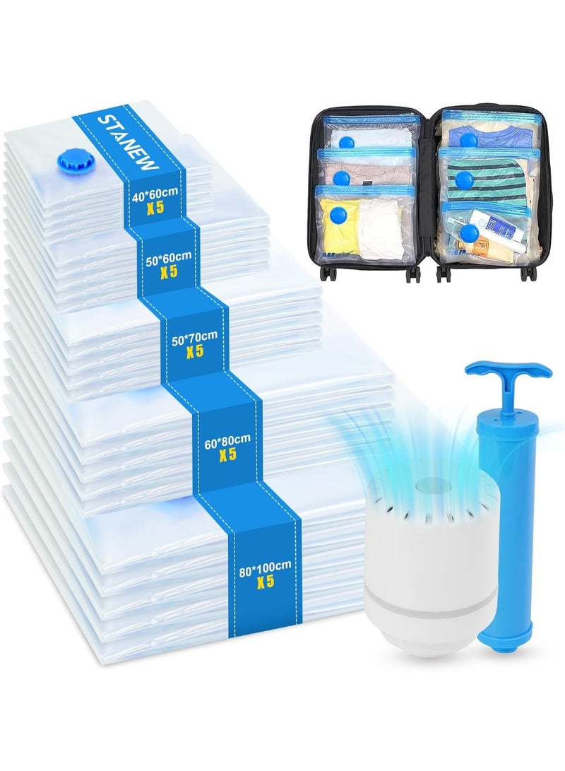 Stanew Vacuum Storage Bag 25 Pcs Large Deluxe Zipper, Reusable Compression Bags Space Saver with Electric Pump and Hand Pump, Vacuum Bag Use for Duvets, Pillows, Blankets, Curtains, Travel, Clothes - Image 1