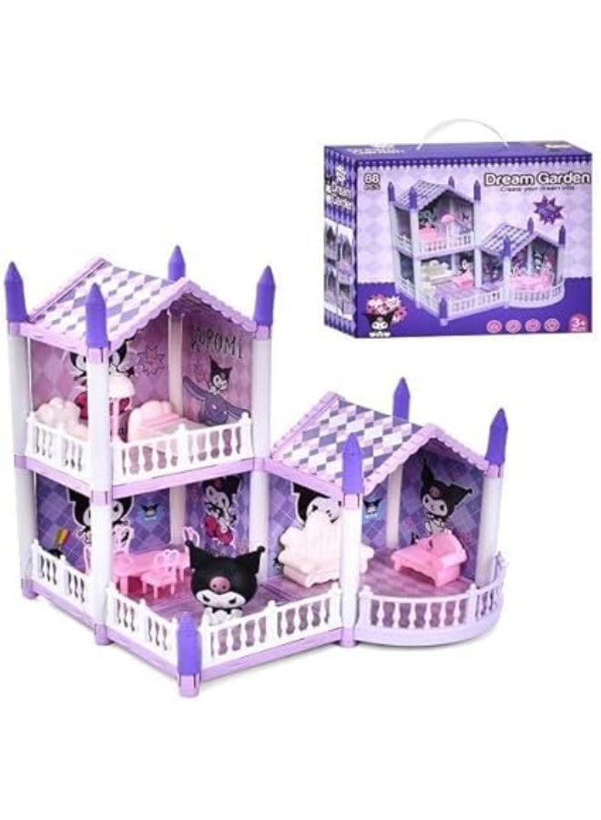 khrome dollhouse in the shape of a palace, children's toy set, multi-story, purple and pink, with balconies and furniture, for girls aged 3 years and up.