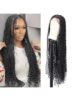 Kalyss Alyss 36" Full Double Lace Front Knotless Box Braided Wigs With Baby Hair For Black Women Black Braid Wigs With Boho Curls Synthetic Embroidery Lace Frontal Box Braid Hair Wigs  - Image 1