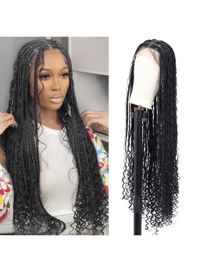 Kalyss Alyss 36" Full Double Lace Front Knotless Box Braided Wigs With Baby Hair For Black Women Black Braid Wigs With Boho Curls Synthetic Embroidery Lace Frontal Box Braid Hair Wigs  - Image 1