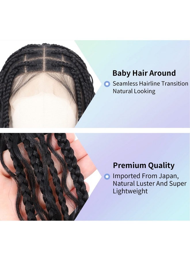 Kalyss Alyss 36" Full Double Lace Front Knotless Box Braided Wigs With Baby Hair For Black Women Black Braid Wigs With Boho Curls Synthetic Embroidery Lace Frontal Box Braid Hair Wigs  - Image 4
