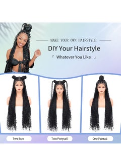 Kalyss Alyss 36" Full Double Lace Front Knotless Box Braided Wigs With Baby Hair For Black Women Black Braid Wigs With Boho Curls Synthetic Embroidery Lace Frontal Box Braid Hair Wigs  - Image 5