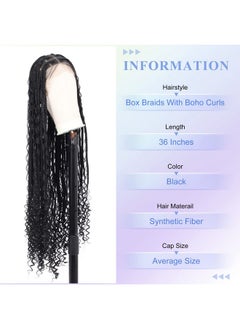 Kalyss Alyss 36" Full Double Lace Front Knotless Box Braided Wigs With Baby Hair For Black Women Black Braid Wigs With Boho Curls Synthetic Embroidery Lace Frontal Box Braid Hair Wigs  - Image 3