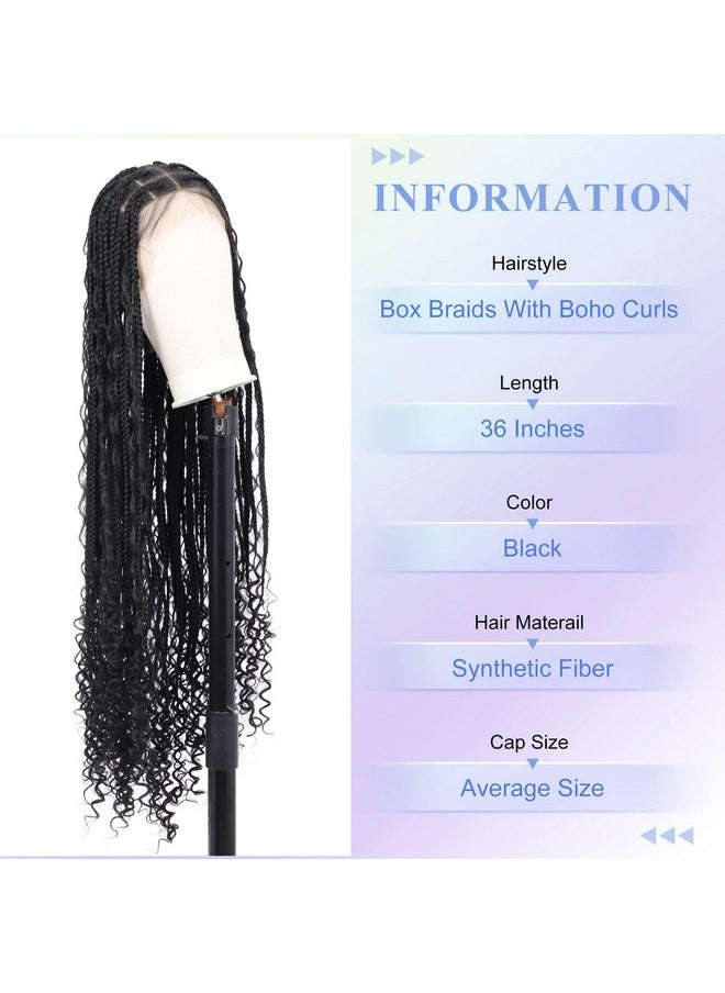 Kalyss Alyss 36" Full Double Lace Front Knotless Box Braided Wigs With Baby Hair For Black Women Black Braid Wigs With Boho Curls Synthetic Embroidery Lace Frontal Box Braid Hair Wigs  - Image 3