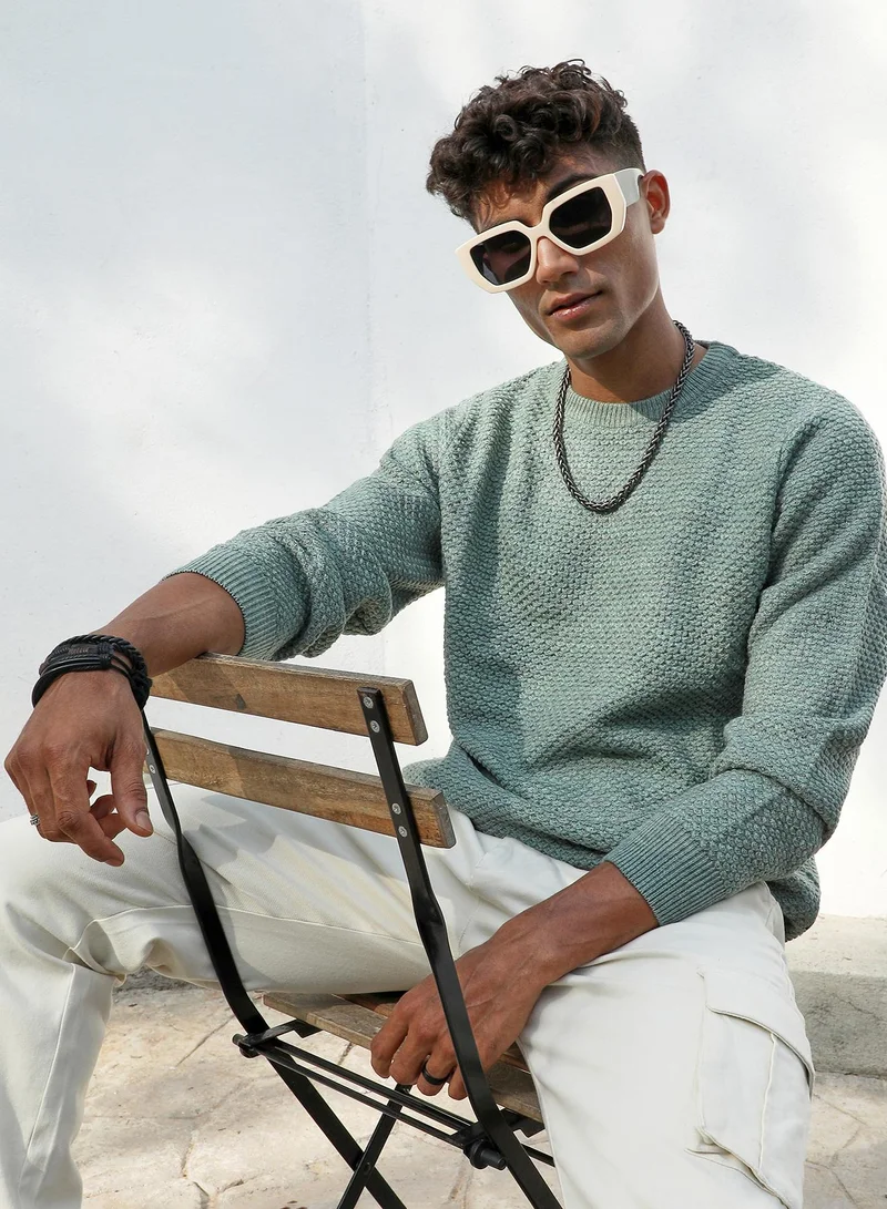 كامبوس سوترا كنزة صوفية رجالية من كامبس سوترا بلون أخضر مريمي محبوكة بياقة دائرية وأكمام طويلة للاستخدام اليومي