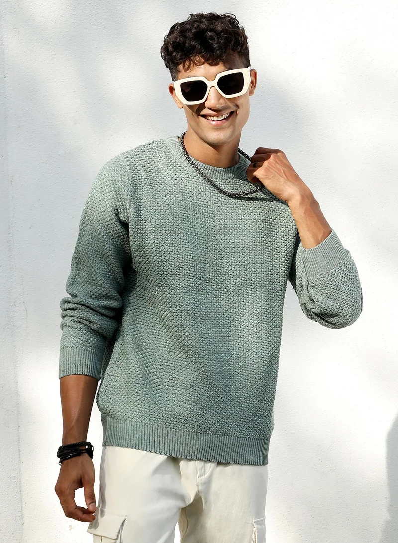 كامبوس سوترا كنزة صوفية رجالية من كامبس سوترا بلون أخضر مريمي محبوكة بياقة دائرية وأكمام طويلة للاستخدام اليومي