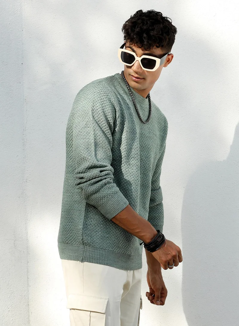 CAHOOT Sage Green Men's Sage Green Textured Knit Pullover Sweater for Men | Best Price UAE