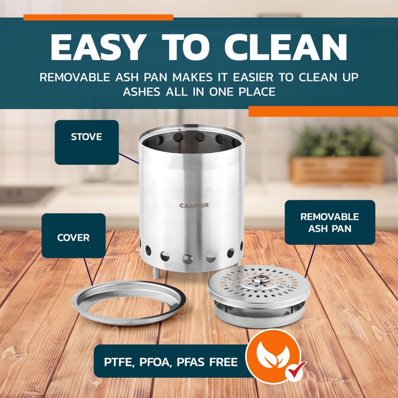 Campior Wood Burning Fire Pit Stove - Smokeless Outdoor Stove for Efficient Wood Fires, Camping, Cooking, and Garden Gatherings, Durable, Stainless Steel with Removable Ash Pan, Stand and Carry Bag - Image 4