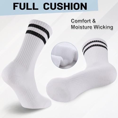 Ultrafun 5 Pairs Striped Crew Socks Cotton Cushioned Athletic Sports Running Socks for Men Women Teens (Large, White) - Image 4