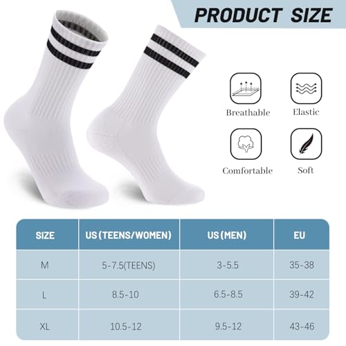 Ultrafun 5 Pairs Striped Crew Socks Cotton Cushioned Athletic Sports Running Socks for Men Women Teens (Large, White) - Image 2