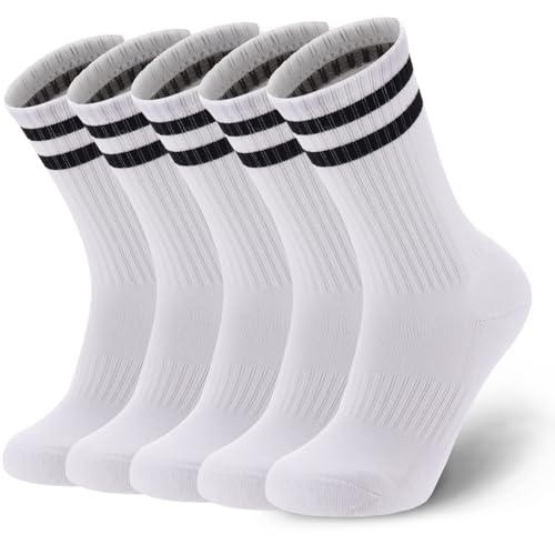 Ultrafun 5 Pairs Striped Crew Socks Cotton Cushioned Athletic Sports Running Socks for Men Women Teens (Large, White) - Image 1