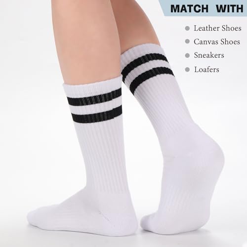 Ultrafun 5 Pairs Striped Crew Socks Cotton Cushioned Athletic Sports Running Socks for Men Women Teens (Large, White) - Image 5