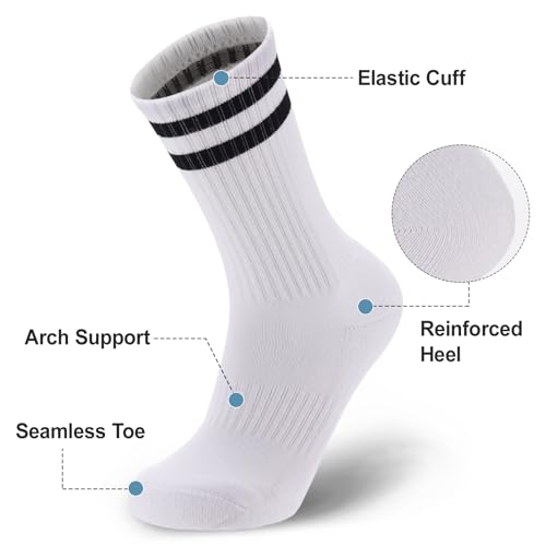 Ultrafun 5 Pairs Striped Crew Socks Cotton Cushioned Athletic Sports Running Socks for Men Women Teens (Large, White) - Image 3