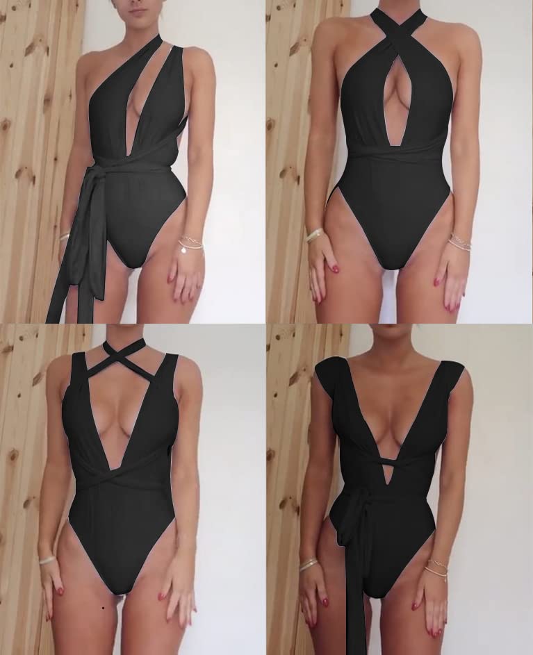 Lilosy Sexy Lace Up Plunge Neck Backless High Waisted Low Cut Leg Rise Thong Cheeky Brazilian 1 Piece Bikini Swimsuit Women Back Bathing Suit Tie Criss Cross Monokini Black Medium - Image 5
