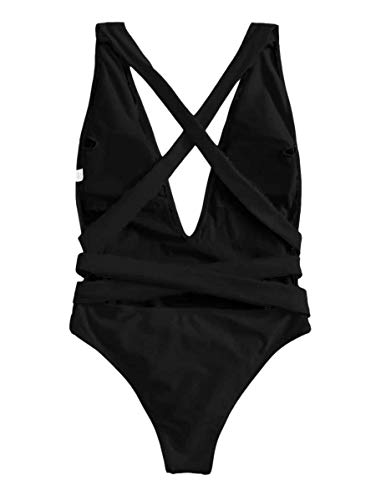 Lilosy Sexy Lace Up Plunge Neck Backless High Waisted Low Cut Leg Rise Thong Cheeky Brazilian 1 Piece Bikini Swimsuit Women Back Bathing Suit Tie Criss Cross Monokini Black Medium - Image 4