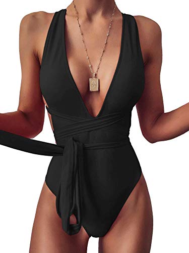 Lilosy Sexy Lace Up Plunge Neck Backless High Waisted Low Cut Leg Rise Thong Cheeky Brazilian 1 Piece Bikini Swimsuit Women Back Bathing Suit Tie Criss Cross Monokini Black Medium - Image 1