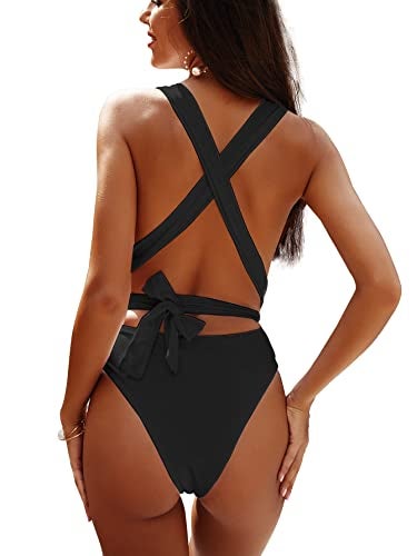 Lilosy Sexy Lace Up Plunge Neck Backless High Waisted Low Cut Leg Rise Thong Cheeky Brazilian 1 Piece Bikini Swimsuit Women Back Bathing Suit Tie Criss Cross Monokini Black Medium - Image 2