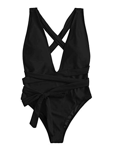 Lilosy Sexy Lace Up Plunge Neck Backless High Waisted Low Cut Leg Rise Thong Cheeky Brazilian 1 Piece Bikini Swimsuit Women Back Bathing Suit Tie Criss Cross Monokini Black Medium - Image 3