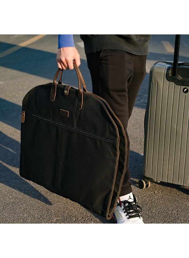 43-inch Waxed Canvas Full Grain Leather Trim Carry-On Garment Bag, Waterproof, Black - Image 2