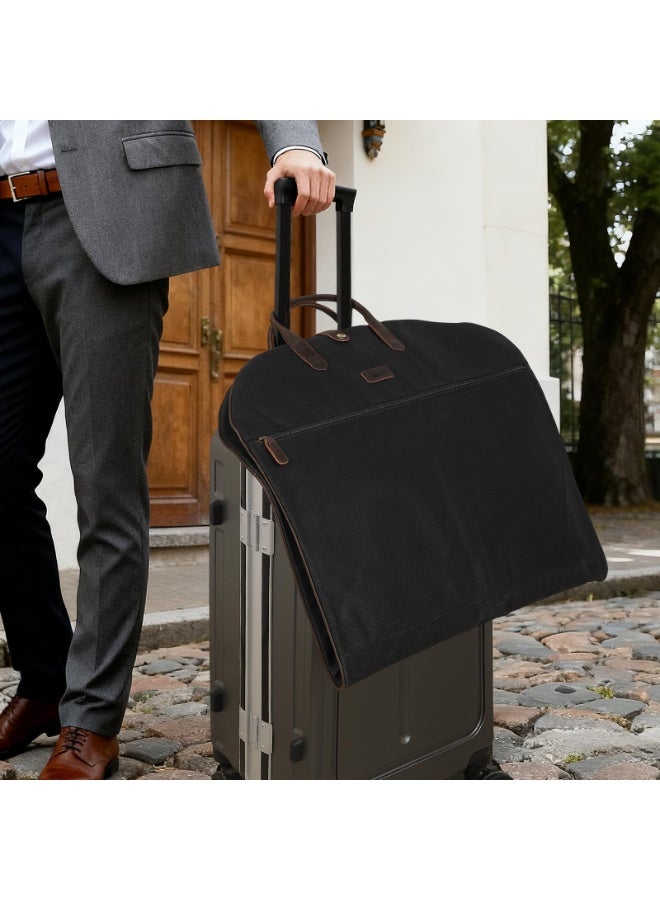 43-inch Waxed Canvas Full Grain Leather Trim Carry-On Garment Bag, Waterproof, Black - Image 4
